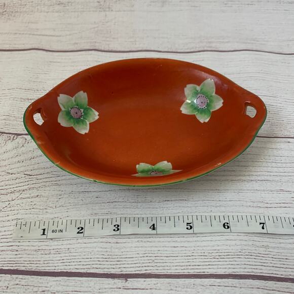 Vintage Hand Painted Red Lotus Flower Oval Japanese Bowl Serving Dish Handles - Picture 16 of 16
